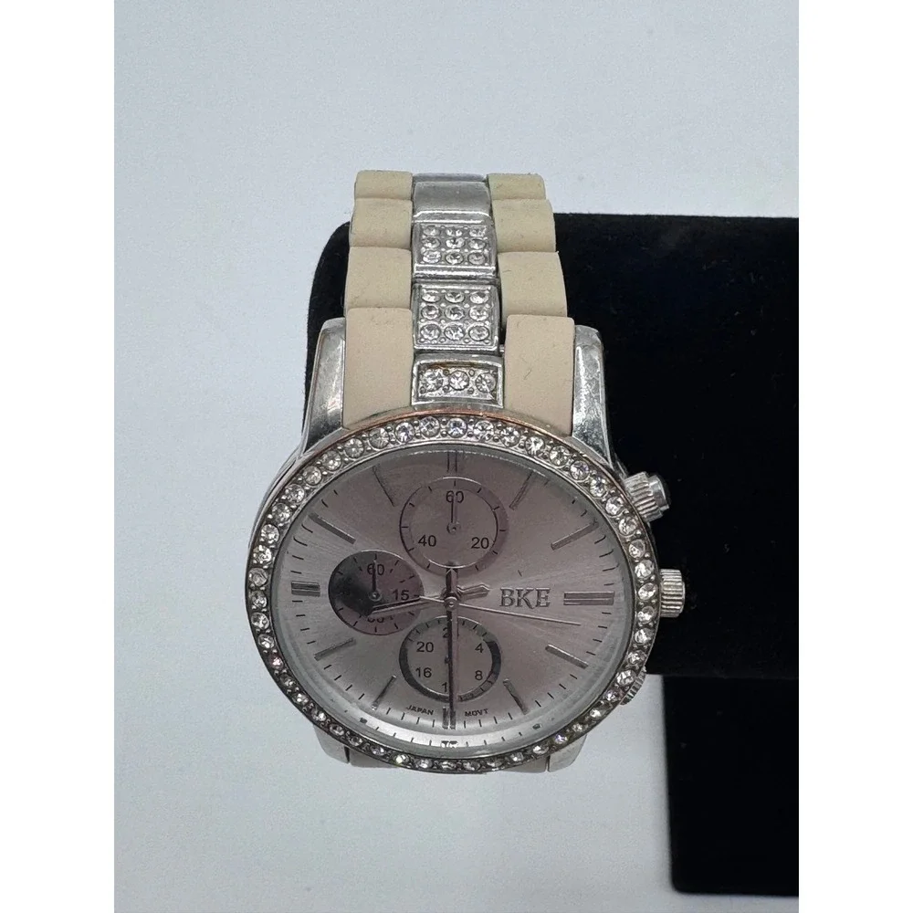 BKE Silver Tone Rhinestone Chronograph Watch Japan Movt Needs Battery‎